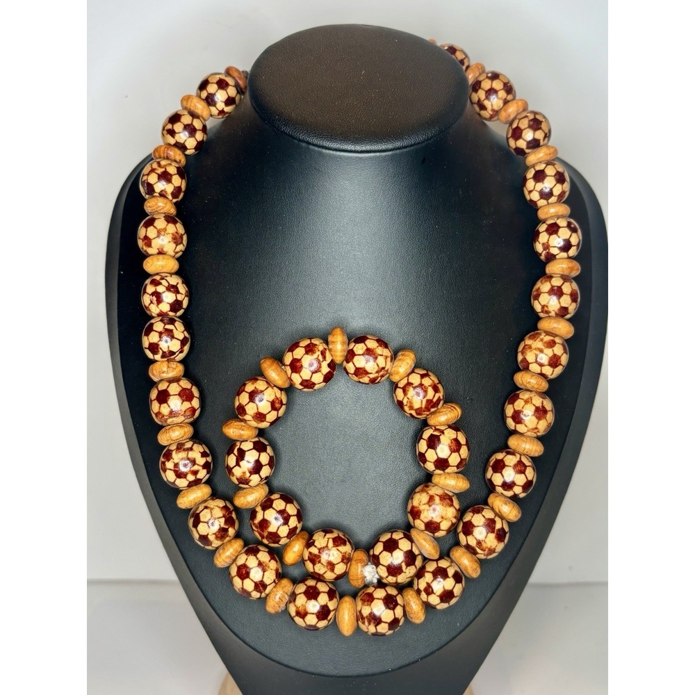 Vintage Wood Bead Necklace Bracelet Set 21" Geometric Mosaic Boho Folk